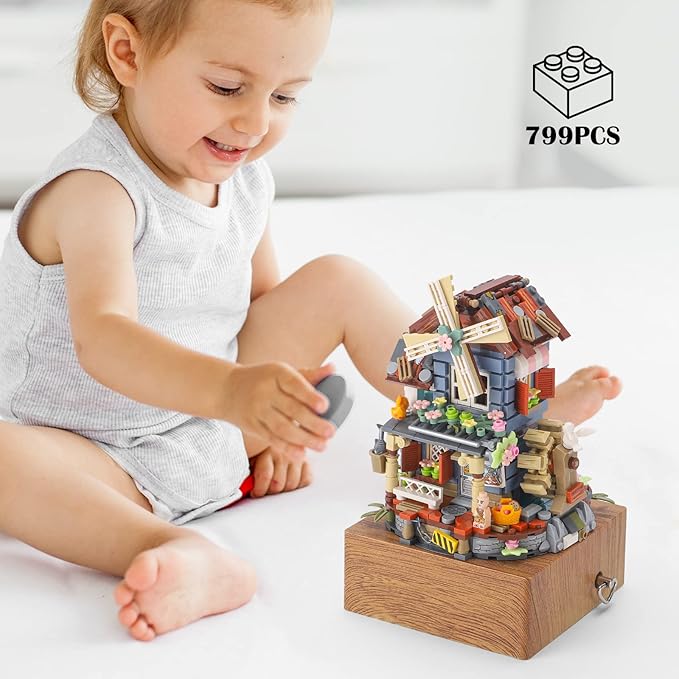 Windmill Building Toy Windmill House Music Box Building Blocks Set Flowers Windmill House for Best Gift Adults and Kids Anniversary Birthday