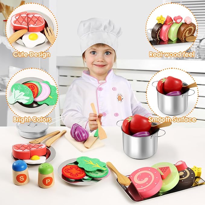 44PCS Play Kitchen Accessories, Wooden Play Food, Kids Kitchen Pretend Play Toys with Stainless Steel Play Pots & Pans Sets, Apron & Chef Clothes, Kitchen Toys for Toddlers Preschoolers Kids