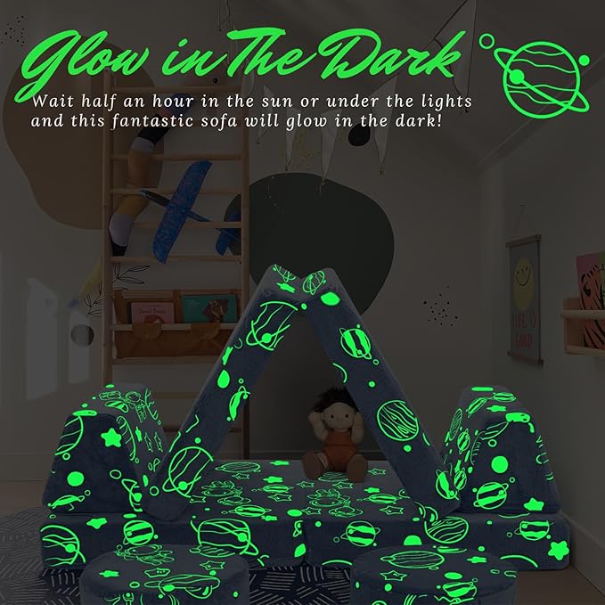 MeMoreCool Modular Glow Sofa for Kids, Space-Themed 8-Piece Convertible Foam Couch Play Set with Celestial Patterns for Toddlers and Playroom