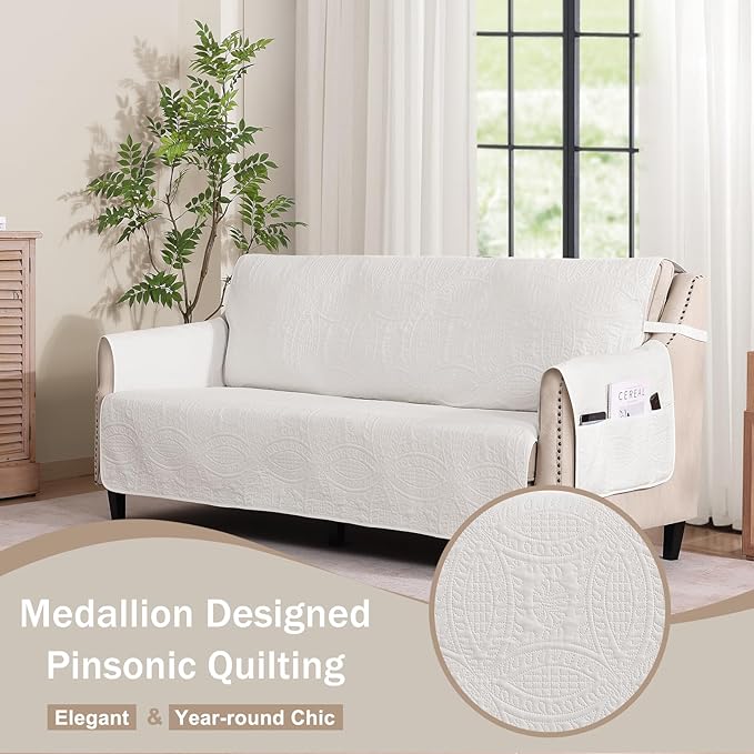 Soft Quilted Couch Cover with Pockets for Extra-Large Sofa, Anti-Slip Sofa Covers Washable for 3 Cushion Pet Friendly Medallion Oversized Sofa Cover Water-Repellent (X-Large Sofa 78", White)