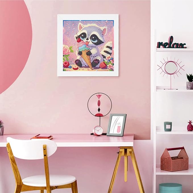 Raccoon Diamond Art Painting Kits with Frame- Animals Diamond Painting Kit with Frame, Cute DIY Diamond Art Kits as Wall Decoration 7X7 Inch