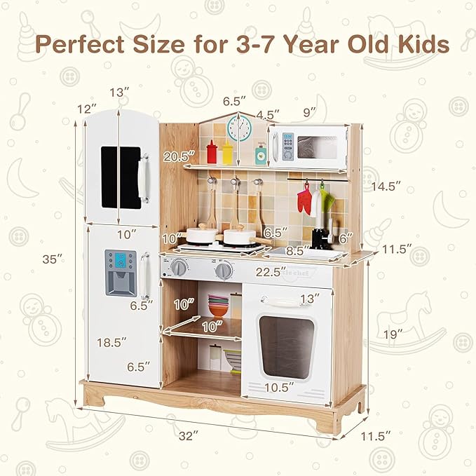 HOMGX Little Chef Toy Kitchen Set, Kids Kitchen Playset w/Microwave, Faucet, Stove, Realistic Light & Sound, Cookware Accessories, Toddlers Cooking Toyset, Gift for Boys Girls Age 3+