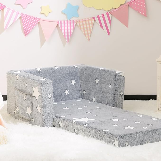 ALIMORDEN 2-in-1 Flip Out Cuddly Sherpa Toddler Couch, Convertible Sofa to Lounger, Star