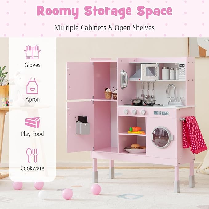 KOTEK Play Kitchen with Lights and Sounds, Wooden Toddler Kitchen Playset with Ice Maker, Washing Machine, Range Hood, 16 Pcs Toy Food & Cookware, Gift Chef Pretend Kitchen Set for Kids (Pink)