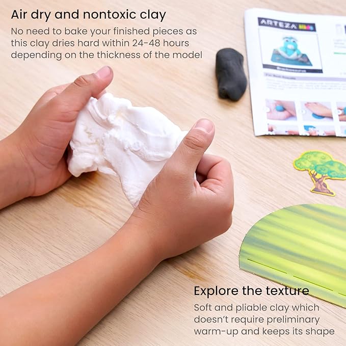 ARTEZA Kids Air Dry Clay, 42 Bars, Dinosaur Modeling Clay Kit, 14 Mini-Stages, 14 Googly Eyes, 3 Glitter Glues, 1 Craft Tool, 7 Instruction Sheets