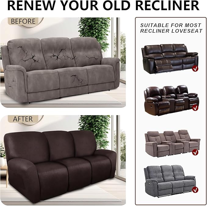 Recliner Couch Cover Leather Look Recliner Sofa Covers for 3 Cushion Reclining Sofa Slipcovers 8-Pieces Furniture Protector Spandex Fabric Washable (3 Seater, 01 Chocolate)