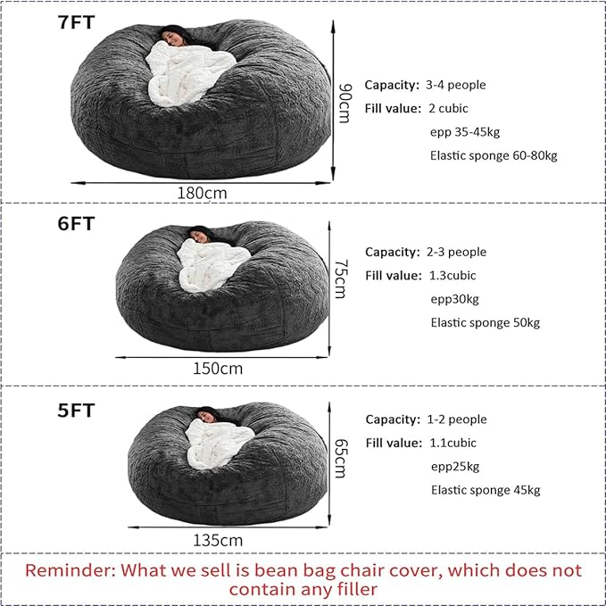 Bean Bag Chairs for Kids Comfy Fluffy Bean Bag Chair Covers Only (No Filler) Round Sofa Chairs for Bedroom Living Room Decor, 5FT, Blue