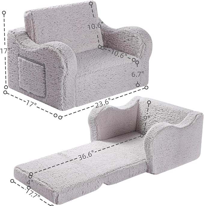 Kids Chairs for Toddler, 2-in-1 Toddler Soft Sherpa Couch Fold Out, Convertible Sofa to Lounger for Girls and Boys, Grey