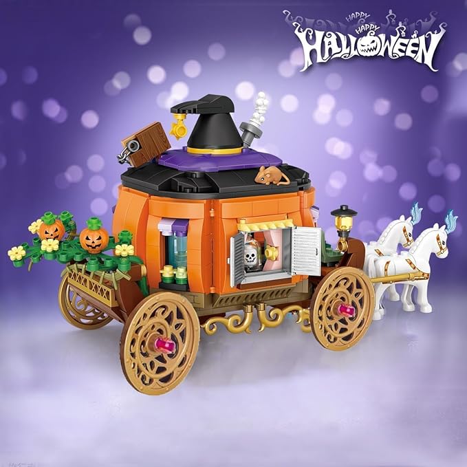 Street View Halloween Haunted House Bricks Model Set, 839Pcs DIY Halloween Pumpkin Carriage Building Block Assembly Mini Particle Construction Toy