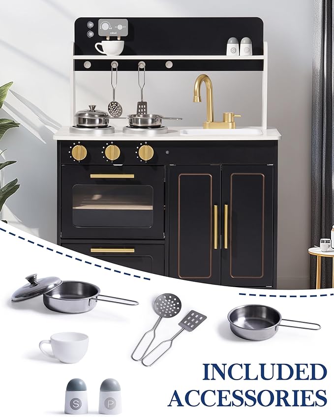 ROBUD Play Kitchen Set - Wooden Marble-Style Kitchen Playset with Realistic Stove, Oven & Sink for Kids Ages 3+