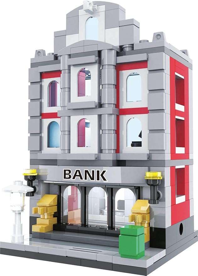 Brick Loot Bank Mini Brick City Set, Toy Building Blocks, Model Kit for Adults & Kids Age 6+, 100% Compatible with Lego & Major Brands, Play Bank Robbery and Other Games, Two Story Bank, 236 Pieces
