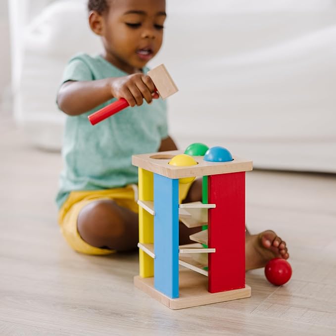 Melissa & Doug Deluxe Pound and Roll Wooden Tower Toy With Hammer - Pound A Ball, Educational Toddler Toys, Wooden Pounding Bench For Ages 2+