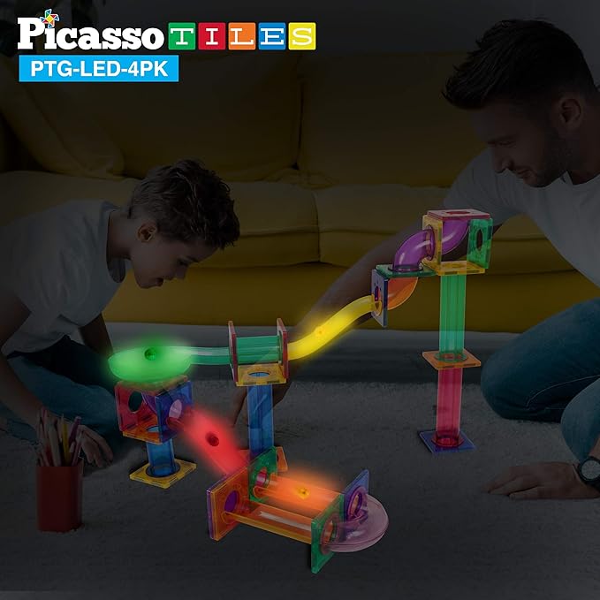 PicassoTiles Motion Activated Marbles 4pc LED Light-Up Glow in The Dark Translucent Balls for Marble Run Race Racetrack Maze Magnetic Construction Magnet Tiles Building Block STEM Education Kids Toys