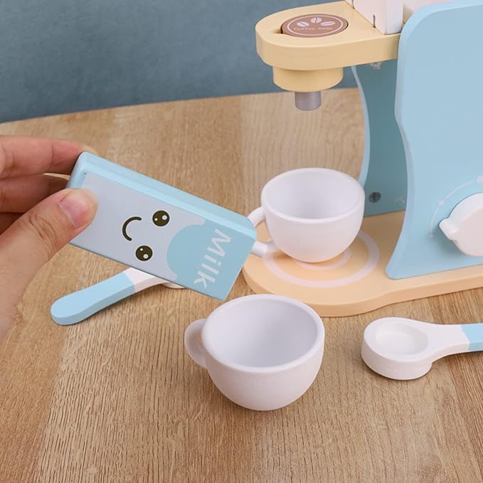 Wooden Coffee Maker Set Play Kitchen Accessories, Encourages Imaginative Playset Pretend Play Game for 3 4 5 6 7 Years Old Boys Girls, Early Education Coffee Machine for Kids Birthday Gift, 7 Pieces
