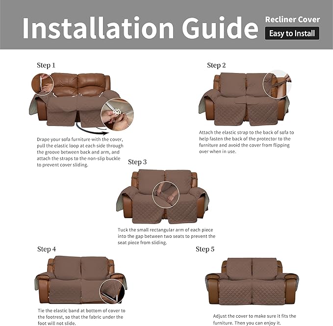 Easy-Going Recliner Sofa Cover, Reversible Couch Cover for Double Recliner, Split Sofa Cover for Each Seat, Furniture Protector with Elastic Straps for Kids, Dogs, Pets (2 Seater, Brown/Beige)