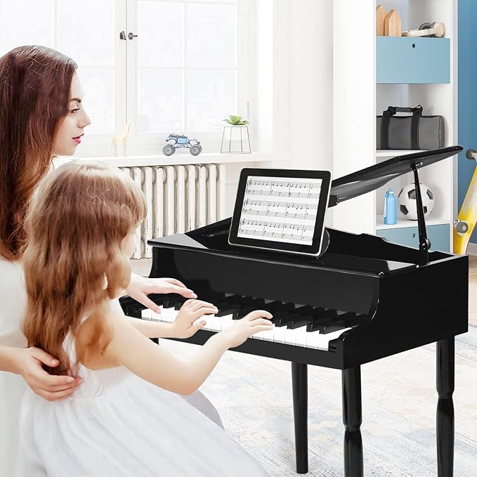 Goplus 30-Key Classical Kids Piano, Mini Grand Piano Wooden Learn-to-Play Musical Instrument Toy with Bench, Piano Lid, Music Rack, Gift for Boys Girls Aged 2+ Baby Toddler (4 Straight Leg-Black)