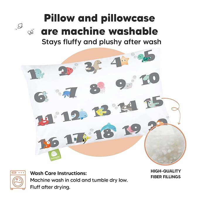 Toddler Pillow with Pillowcase - 13x18 My Little Dreamy Pillow, Organic Cotton Toddler Pillows for Sleeping, Kids Pillow, Travel Pillows, Mini Pillow, Nursery Pillow, Toddler Bed Pillow (Kea123)