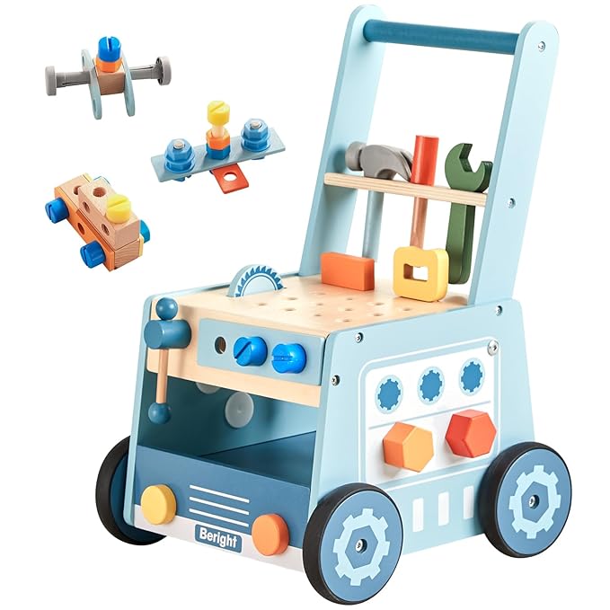 Beright Wooden Baby Push Walker, Wooden Baby Walker and Tool Toy for Toddlers, Kids Tool Bench, Baby Activity Center, Toddler Montessori Educational Toys, Blue
