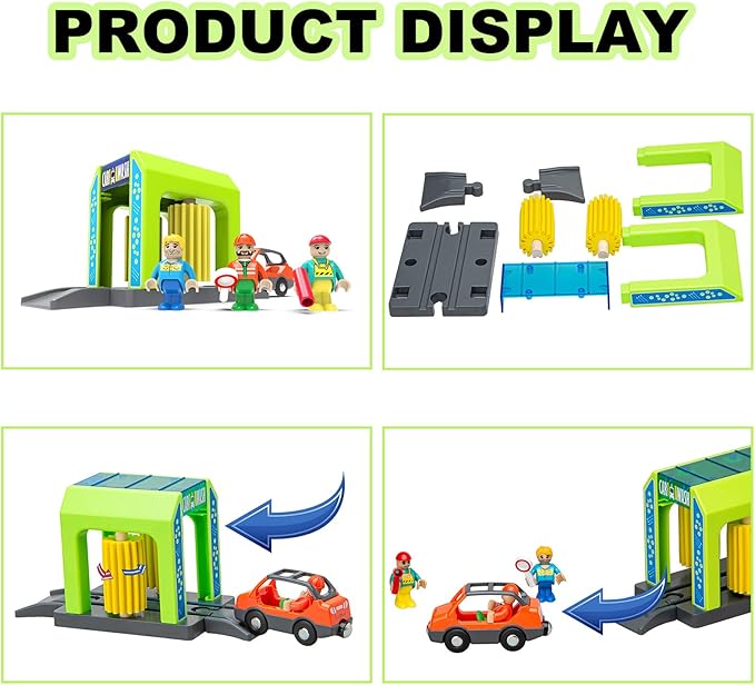 Car Wash Station Playset Toy for Wooden Train Track,Creative City Washer Scenes Pretend Play Toy Vehicles Train Accessory Preschool Learning Educational Toys for Toddlers Kids