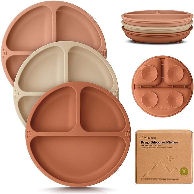 KeaBabies Suction Plates for Baby, Toddler - 3-Pack 100% Silicone Toddler Plates, Divided Baby Plates with Suction, Silicone Plates for Baby, Kids, BPA-Free, Microwave, Dishwasher Safe (Terracotta)
