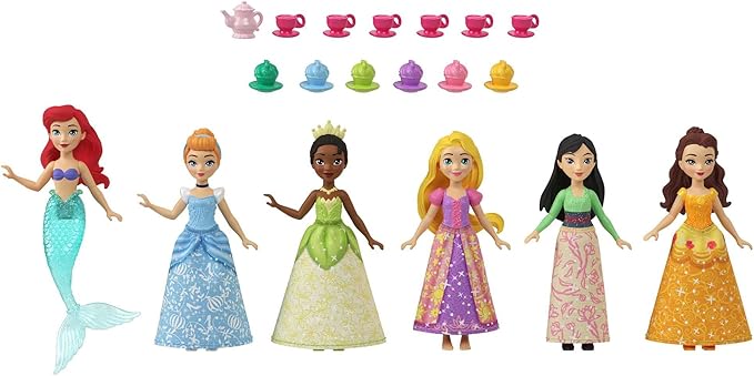 Mattel Disney Princess Toys, Small Doll Party Set with 6 Posable Princess Dolls in Sparkling Clothing & 13 Tea Time Accessories