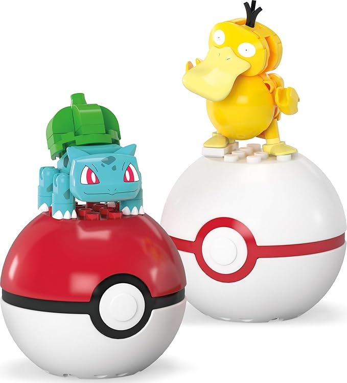 Mega Pokémon Building Toys Set Bulbasaur & Psyduck with 63 Pieces, 2 Poseable Characters and Poké Ball, 2 Inches Tall, for Kids
