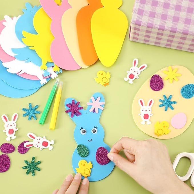 JULBEAR Easter Foam Crafts for Kids, 260 Pcs Foam Easter Foam Stickers Egg Rabbit Carrot Chick Arts and Crafts Kits, DIY Stickers Set for Kids Party Favors Supplies
