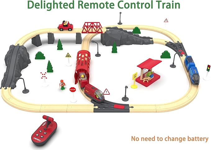 Toy Train Set Remote Control Locomotive Train, Motorized Train for Wooden Track, Electric Train and Tunnel with Sound & Lighting Effect, Magnetic Trains Compatible with Thomas, Brio, Chuggington