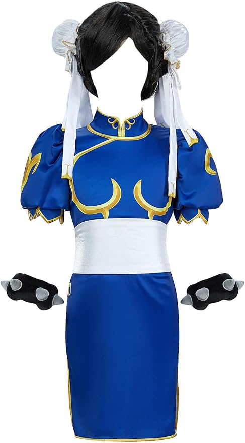 Street Fighter Officially Licensed Girl’s Chun Li Cosplay Costume Cheongsam for Age 3+,Socks, Bracelets, Hair ties