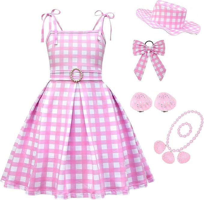 Princess Summer Dress for Girls Costume Plaid Sleeveless Sundress With Accessories