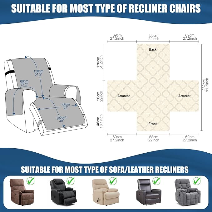 TAOCOCO 100% Waterproof Recliner Covers, Recliner Sofa Covers with Leg Straps, Reversible Recliner Couch Cover for Reclining Chair, Washable Couch Protector for Pets Kids(1 Seater 28", Coffee)