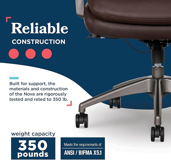 La-Z-Boy Nova Vegan Leather Modern Executive Ergonomic Design Office Chair, Memory Foam Thick Contoured Seat Back with Patented Lumbar Support Technology, Soft to Medium Sit Comfort, Brown