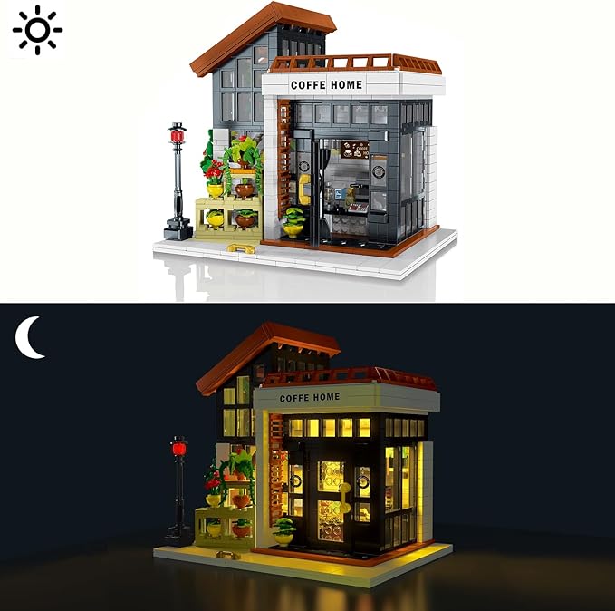Cafe House Architecture Building Set with LED Light,City Coffee House Model Kit,Building Blocks Toy for 15+ Age Teen,Adult (1512 Pieces)