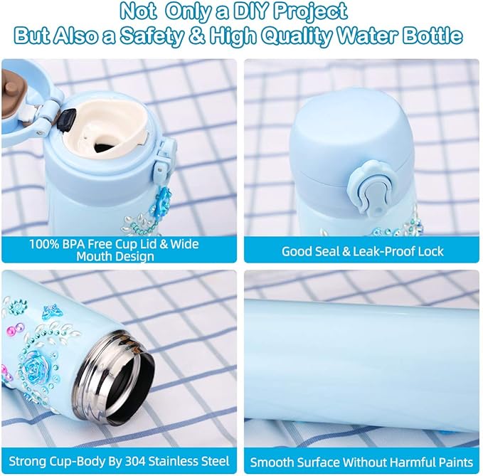 Pakoo Gifts for Girls, Decorate Your Water Bottle with Tons of Rhinestone Glitter Gem Stickers - DIY Craft Kit for Girls Age 5 6 7 8 9 10 11 12 - 17 OZ BPA Free Stainless Steel Insulated Kids Mugs
