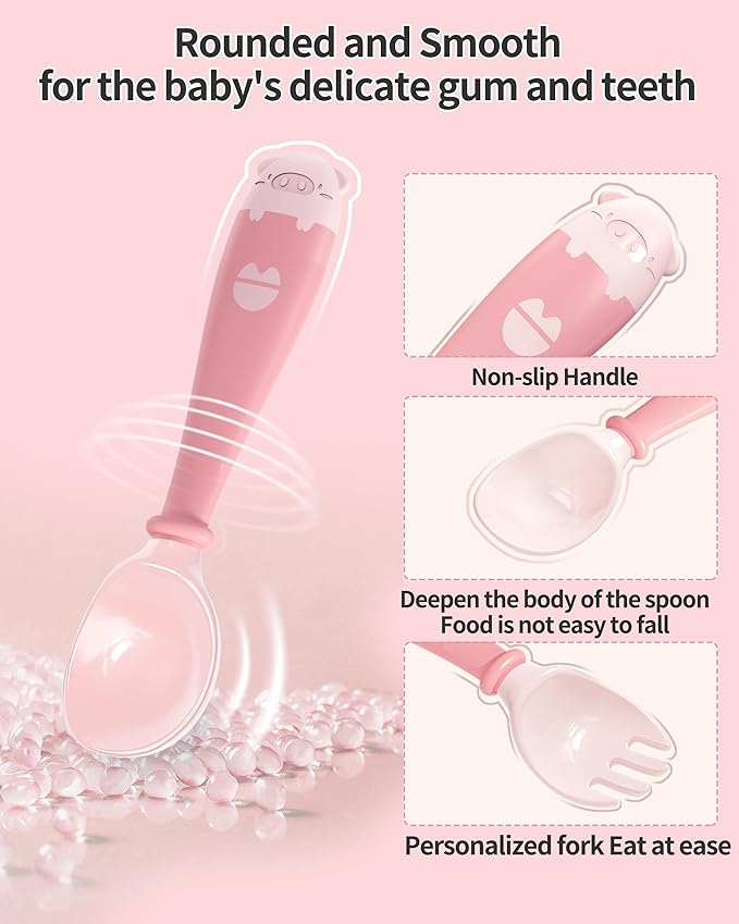 Deejoy Toddler Utensils with Travel Case, Baby Spoons and Forks Set for Self Feeding, Silicone Bendable Handle, Easy Grip Heat-Resistant, Self-feeding Flatware Sets for Kids (Stage 2) Pink