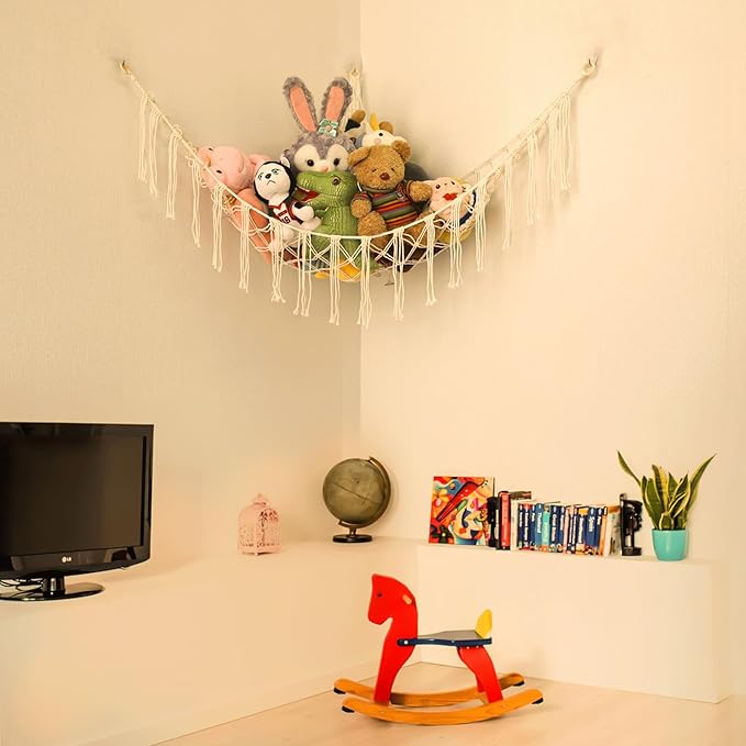 Boho Stuffed Animals Net or Hammock Large,55 inch Toy Hammock Macrame Stuff Animal Storage Corner Hanging Net Holder,Mesh Hammock Plush Toy Organizer with Hooks for Bedroom,Nursery (White)