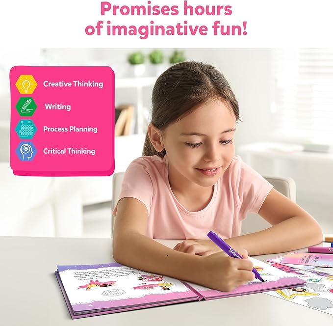 Skillmatics Storybook Art Kit - Unicorns & Princesses Art Kit for Kids, Write & Create Fairytale Storybooks, Creative Activity for Girls, DIY Kit, 150+ Stickers, Gifts for Ages 5, 6, 7, 8, 9, 10