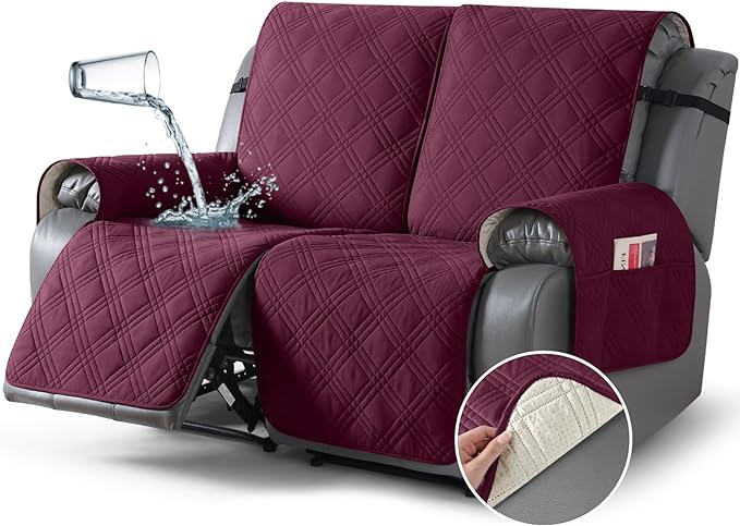 TAOCOCO 100% Waterproof Loveseat Recliner Cover, Non Slip Split Loveseat Covers for Reclining Loveseat with Elastic Straps, Washable Recliner Chair/Furniture Protector for Pets(2 Seater, Wine)