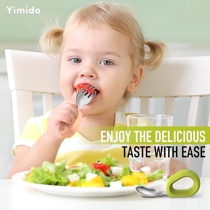 Toddler Utensils Baby Utensils Toddler Forks and Spoons Baby Forks and Spoons Set Kids Stainless Steel Silverware Set Children Safe Forks and Spoons Self Feedig-Dishwasher Safe(Orange+Green)