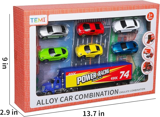 TEMI Diecast Racing Cars Toy Set w/Activity Play Mat, Truck Carrier, Alloy Metal Race Model Car & Assorted Vehicle Play Set for Kids, Boys & Girls