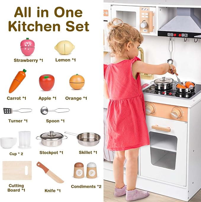 Kids Play Kitchen Set - Toys for 2 3 4 5 Year Old Boy Girl Christmas Birthday Gifts - Wooden Play Kitchen Set with Play Food Toy and Kitchen Accessories, Pretend Play for Kids Toys Age 3+