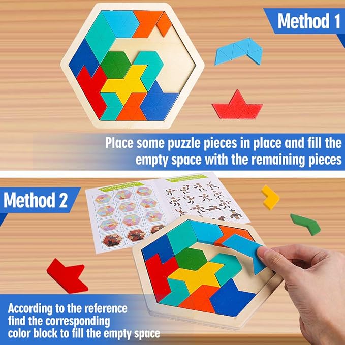 Skrtuan Wooden Hexagon Puzzle for Kid Adults Brain Teaser Blocks Puzzles Games Toy Shape Pattern Block Tangram Geometry Logic IQ STEM Montessori Educational Gift for All Ages Children Boys Girls