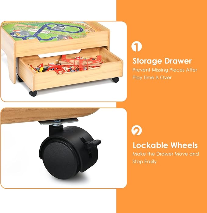 HONEY JOY Train Table, Wooden Kids Activity Table with Storage Drawer, 100 Multicolor Pieces, Tracks, Trains, Cars, Toddler Train Table Set, Gift for Boys Girls Age 3+, Natural