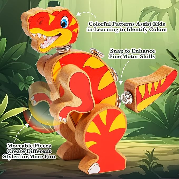 HUZU Dinosaur Building Blocks, Wooden Dino Snap Blocks, Snap Dinosaur Toys for Kids 3-5, 5-8, Fine Motor Skills STEM Kits Educational Learning Building Toys Gifts for Preschool Children