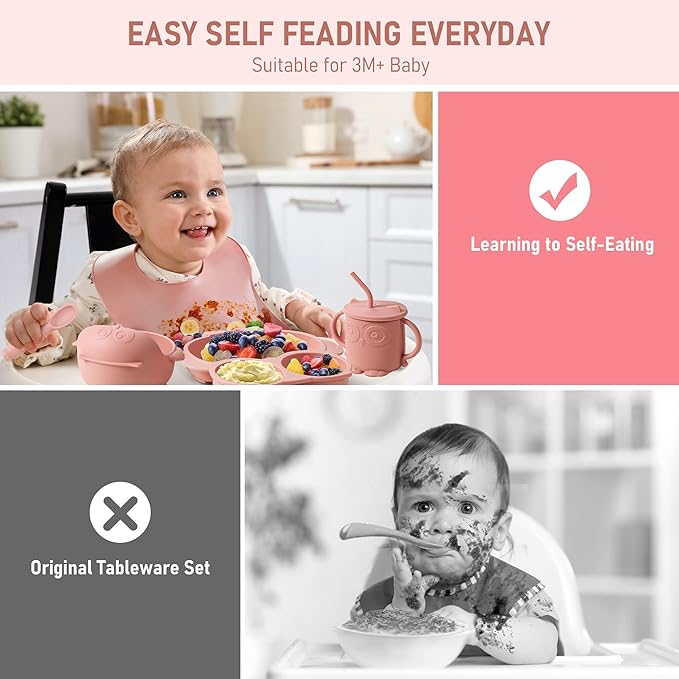 Baby Weaning Set, Silicone Baby Feeding Set(10 Pcs), Toddler Weaning Set with Adjustable Bib, Suction Bowl, Plate, Fork, Spoon, Water & Snack Cup Kit, Baby Led Weaning Kit for Babies and Kids