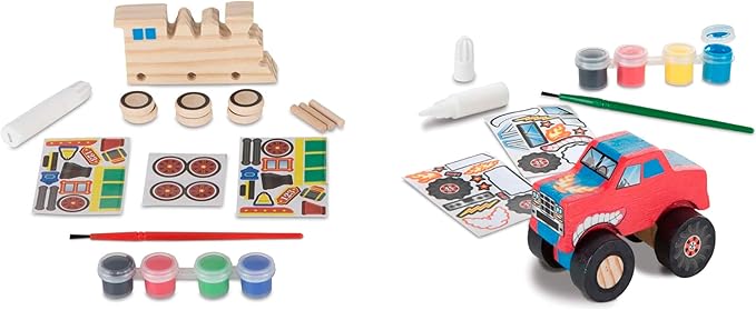 Melissa & Doug Created by Me! Paint & Decorate Your Own Wooden Vehicles Craft Kit For Kids 2 Pack – Monster Truck, Train