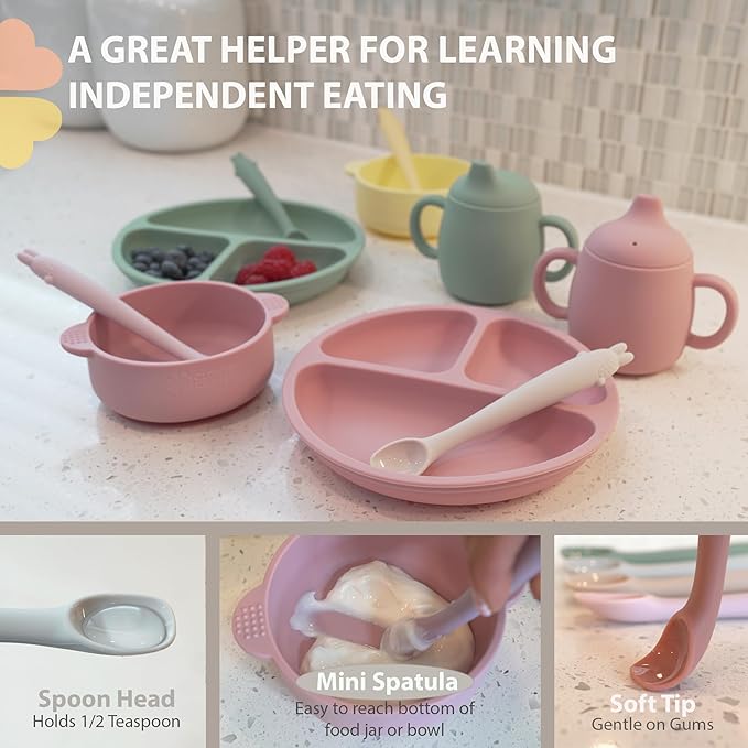 Silicone Baby Feeding Spoons-First Stage, Bendable Utensils for Infant & Parent-Baby Led Weaning, Toddler Self-Feeding & Training-Soft-Tip, Chewproof Teether l 4 Months + [5 Pack with a Portable Case]