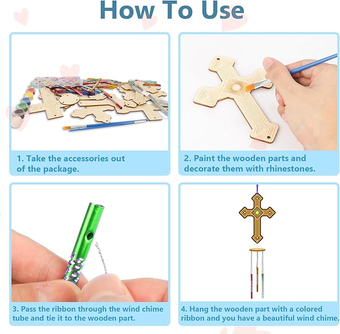 Fennoral 9 Pack Cross Wind Chime Kit for Kids Make You Own Sunday School Craft for Girls Boys DIY Coloring Wooden Christian Crafts for Religious Art Party Decoration Birthday Gift