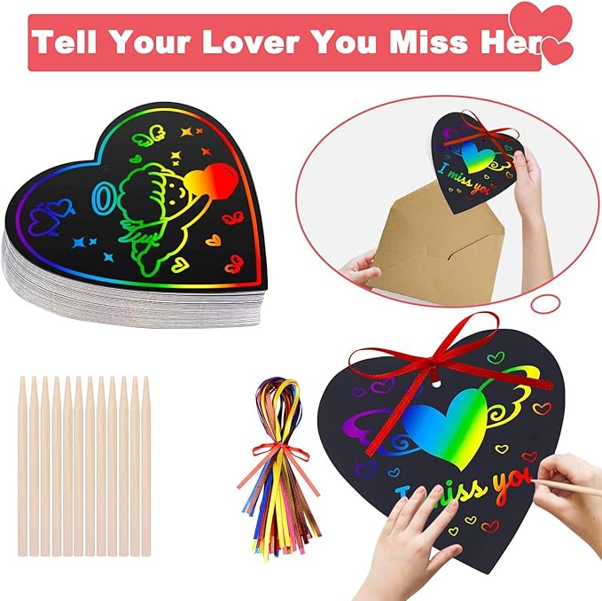 Cute Valentines Day Cards Kids Gifts - Birthday Party Favor Scratch Doodle Heart Paper Gift Idea for Child, Arts Crafts for Christmas Stocking Stuffers DIY Present for Boys Girls, Easter Gifts for Kid