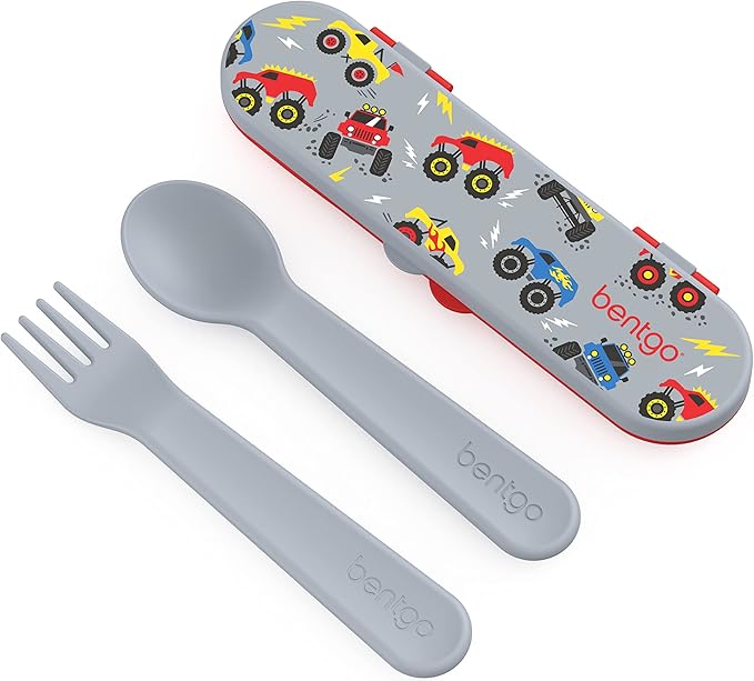 Bentgo Kids Utensil Set - Reusable Plastic Fork, Spoon & Storage Case - BPA-Free Materials, Easy-Grip Handles, Dishwasher Safe - Ideal for School Lunch, Travel, & Outdoors (Trucks)